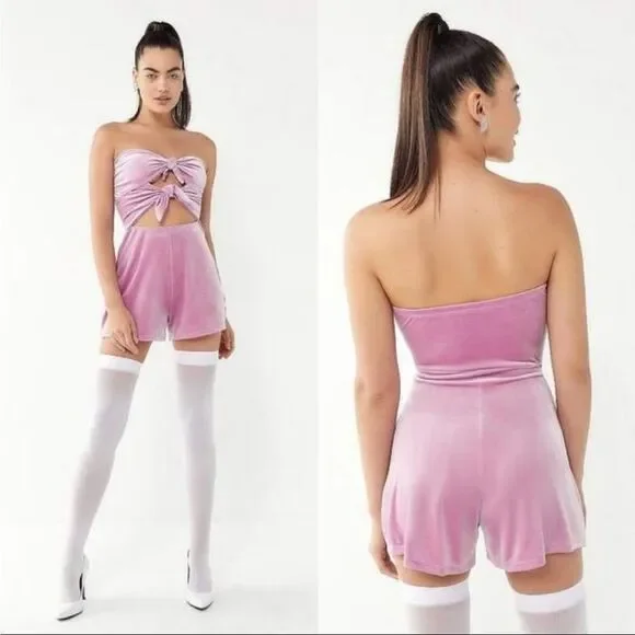 NWOT Urban Outfitters Maddie Lilac Velvet Dual Tie Front Playsuit Romper Size S - Picture 8 of 15